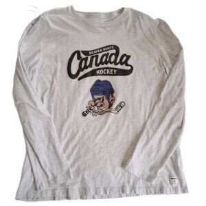 Roots Canada Men's Beaver Hockey Logo Long Sleeve Pale Gray T-Shirt XXL 2XL